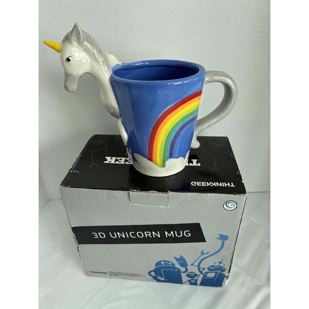 Unicorn Rainbow Ceramic Mug THINKGEEK 3D Hand Painted 16 oz Figural Fun
